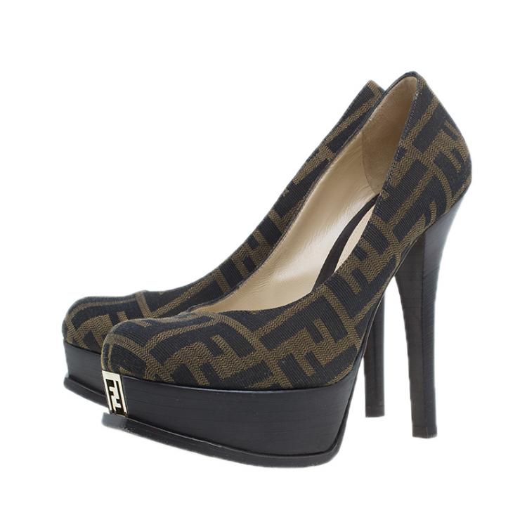 Pre Owned Fendi Tobacco Zucca Canvas Logo Platform Pumps Size 37.5