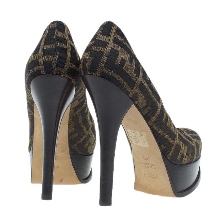 Pre Owned Fendi Tobacco Zucca Canvas Logo Platform Pumps Size 37.5