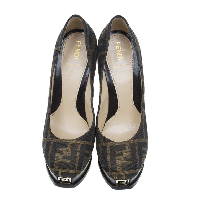 Pre Owned Fendi Tobacco Zucca Canvas Logo Platform Pumps Size 37.5