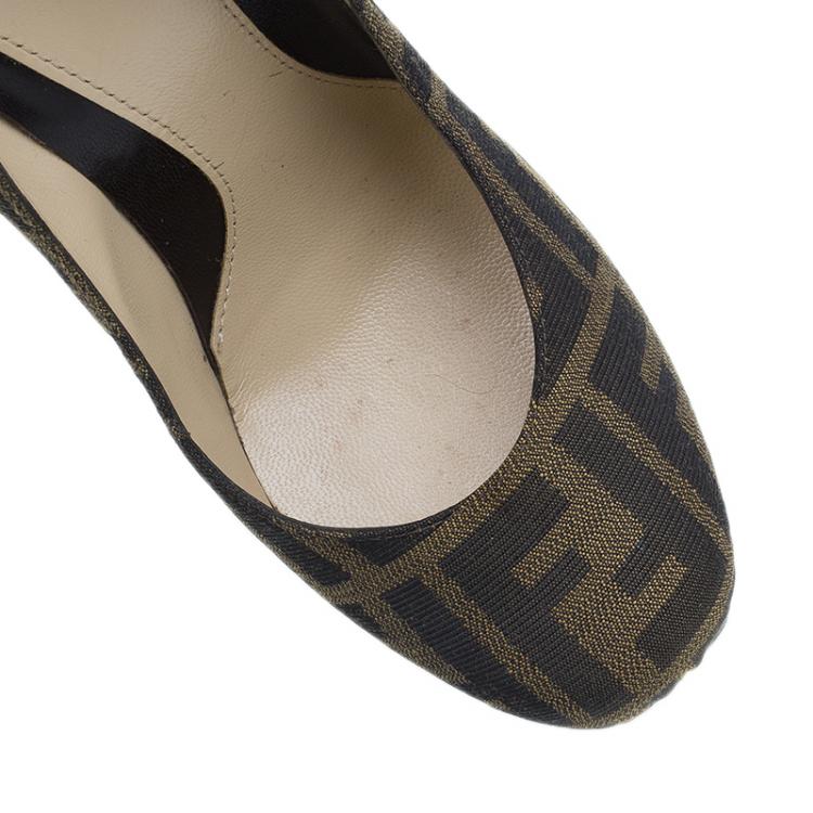 Pre Owned Fendi Tobacco Zucca Canvas Logo Platform Pumps Size 37.5