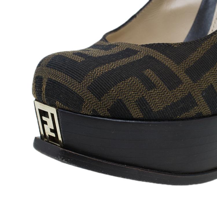 Pre Owned Fendi Tobacco Zucca Canvas Logo Platform Pumps Size 37.5