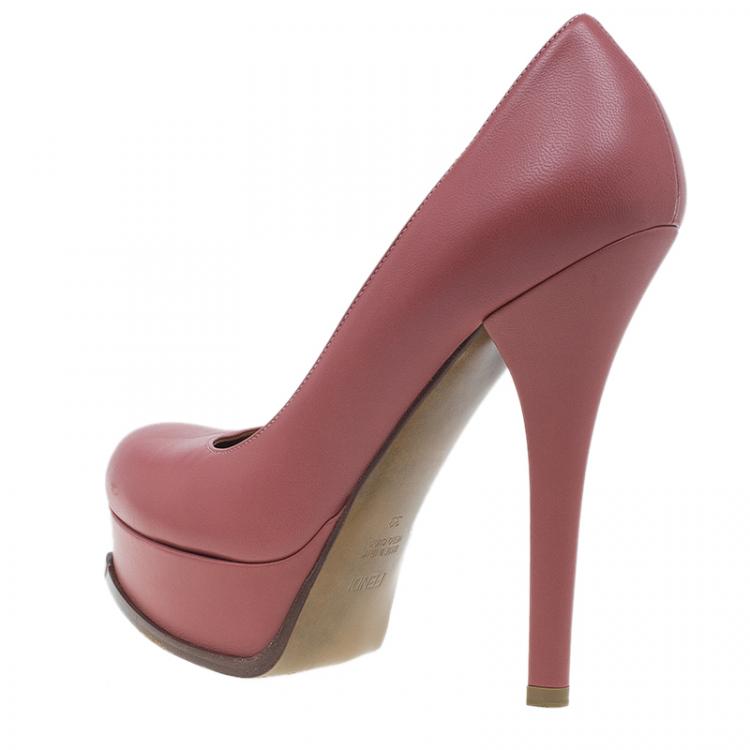 Pre Owned Fendi Pink Leather Logo Platform Pumps Size 39