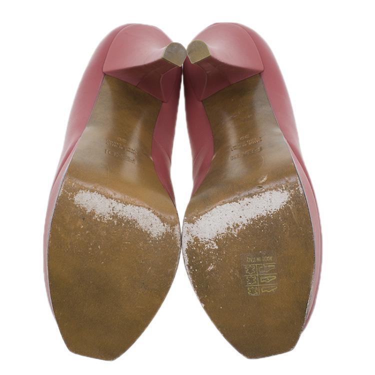 Pre Owned Fendi Pink Leather Logo Platform Pumps Size 39