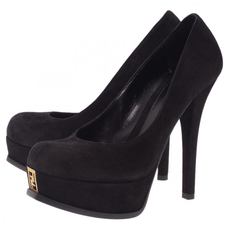 Pre Owned Fendi Black Suede Logo Platform Pumps Size 37