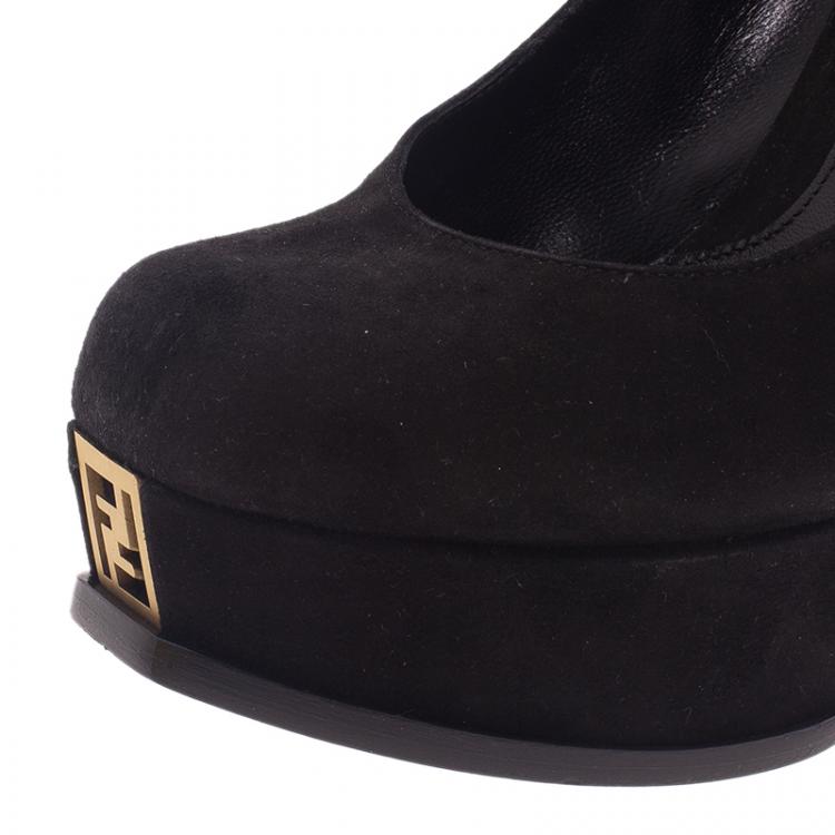 Pre Owned Fendi Black Suede Logo Platform Pumps Size 37
