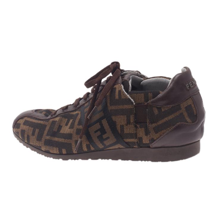 Pre Owned Fendi Tobacco Zucca Canvas Lace Up Sneakers Size 37.5