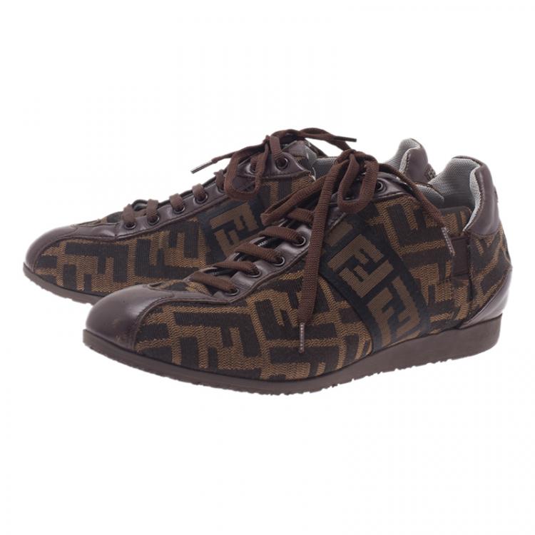 Pre Owned Fendi Tobacco Zucca Canvas Lace Up Sneakers Size 37.5
