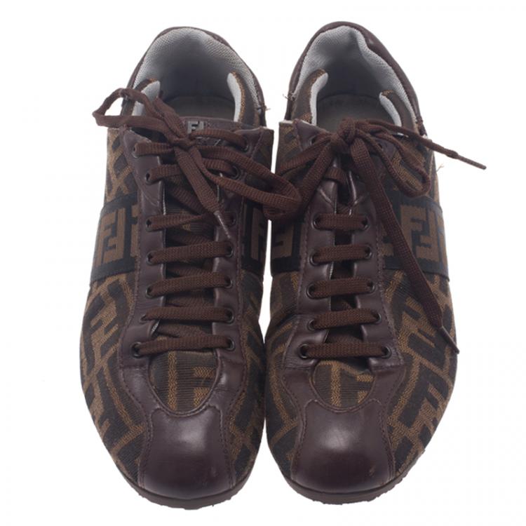 Pre Owned Fendi Tobacco Zucca Canvas Lace Up Sneakers Size 37.5