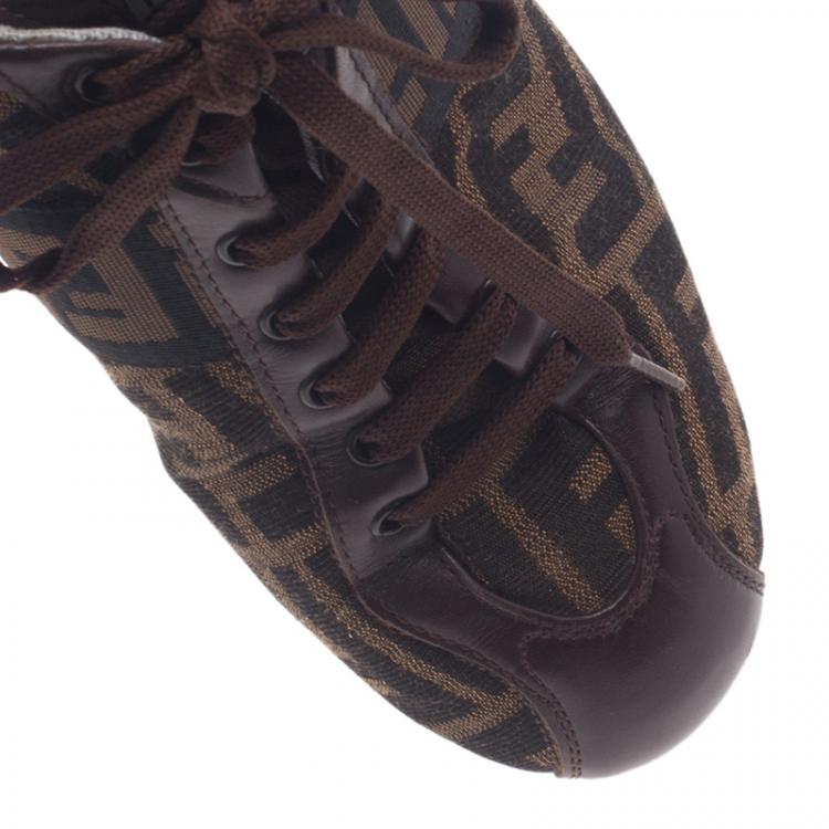 Pre Owned Fendi Tobacco Zucca Canvas Lace Up Sneakers Size 37.5