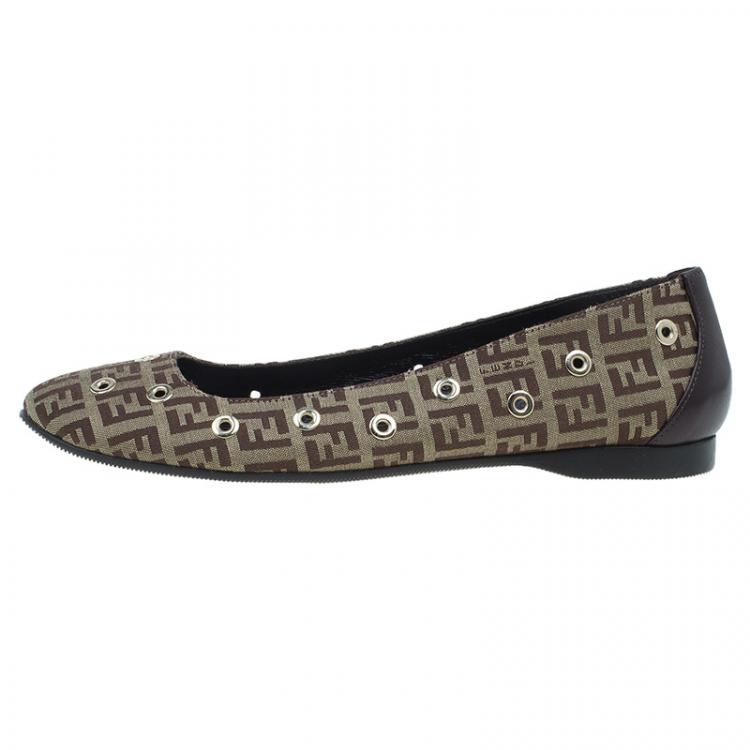 Pre Owned Fendi Brown Zucchino Canvas Grommet Detail Ballet Flats Size 38