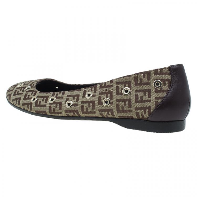 Pre Owned Fendi Brown Zucchino Canvas Grommet Detail Ballet Flats Size 38