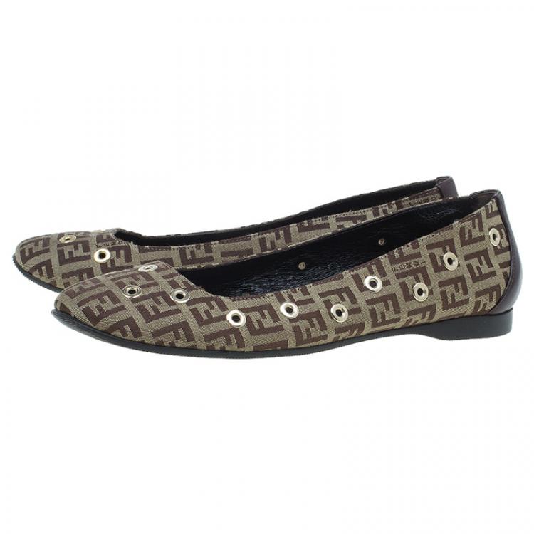 Pre Owned Fendi Brown Zucchino Canvas Grommet Detail Ballet Flats Size 38