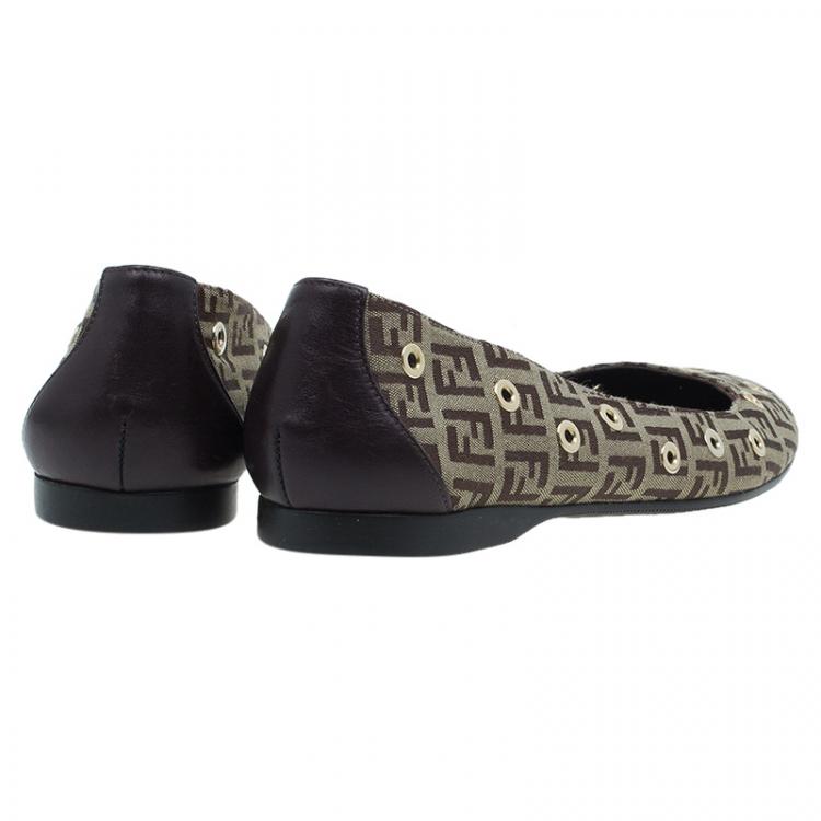 Pre Owned Fendi Brown Zucchino Canvas Grommet Detail Ballet Flats Size 38