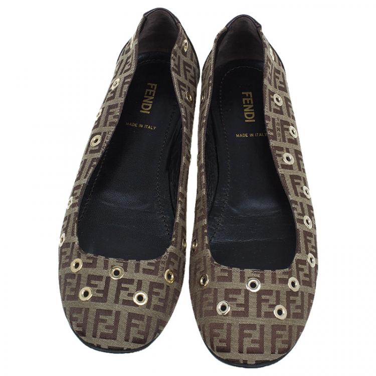 Pre Owned Fendi Brown Zucchino Canvas Grommet Detail Ballet Flats Size 38