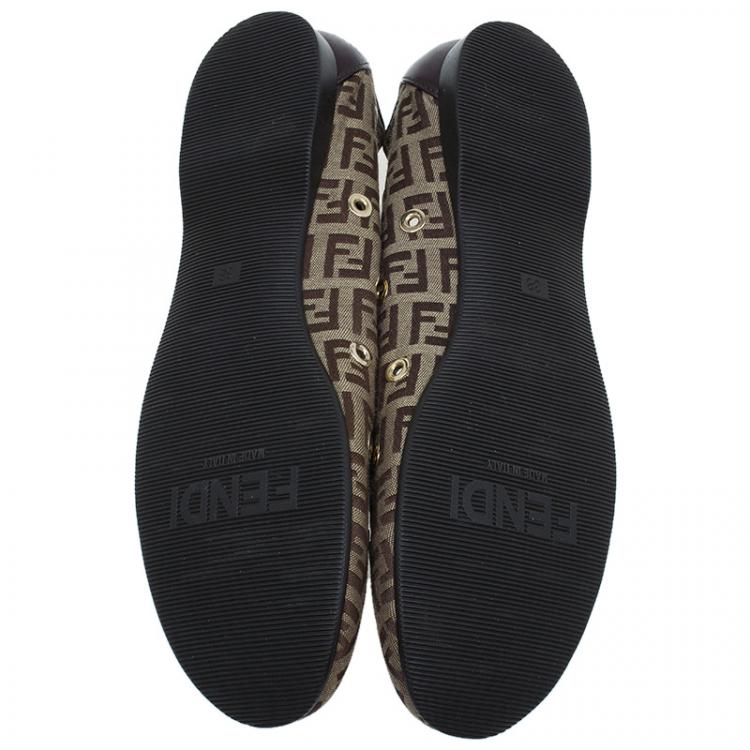 Pre Owned Fendi Brown Zucchino Canvas Grommet Detail Ballet Flats Size 38