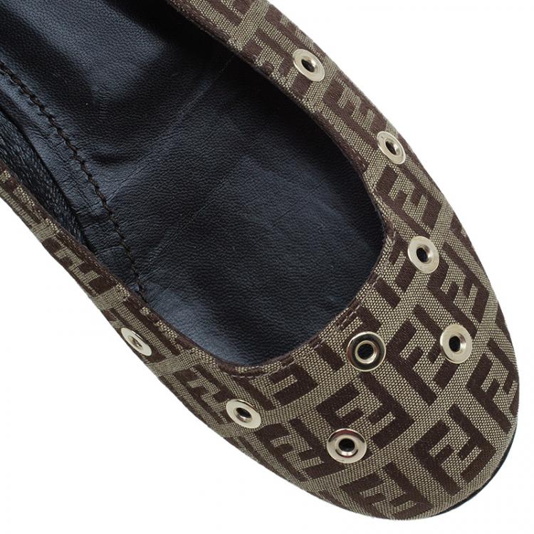 Pre Owned Fendi Brown Zucchino Canvas Grommet Detail Ballet Flats Size 38