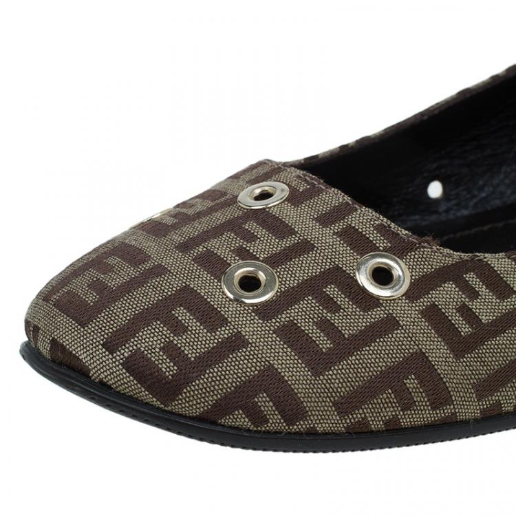 Pre Owned Fendi Brown Zucchino Canvas Grommet Detail Ballet Flats Size 38