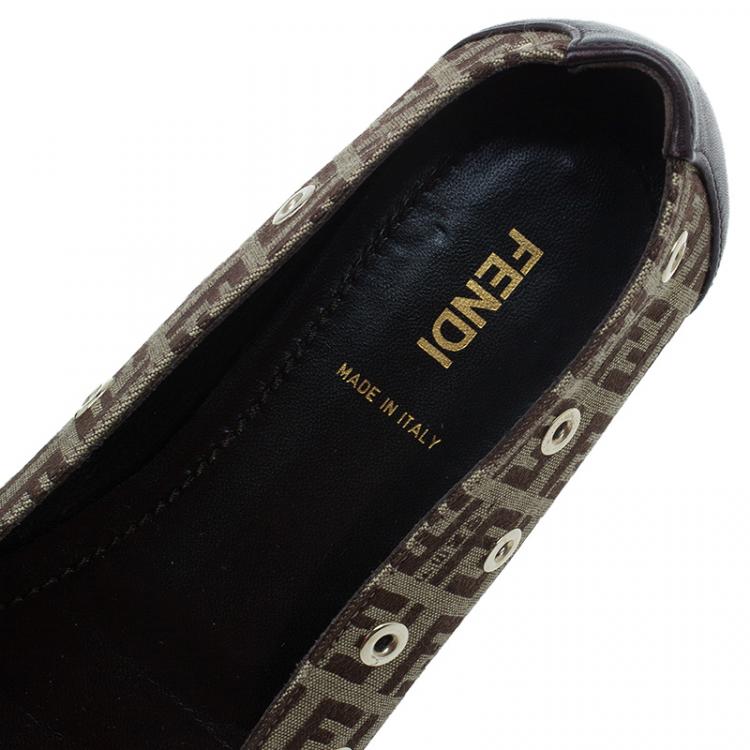Pre Owned Fendi Brown Zucchino Canvas Grommet Detail Ballet Flats Size 38