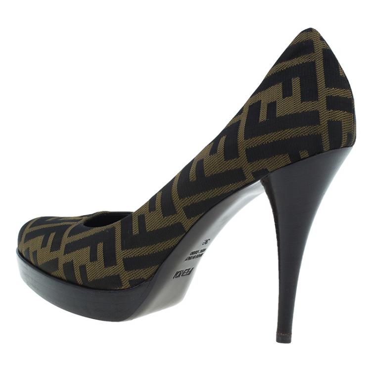 Pre Owned Fendi Brown Zucca Canvas Fendista Platform Pumps Size 38