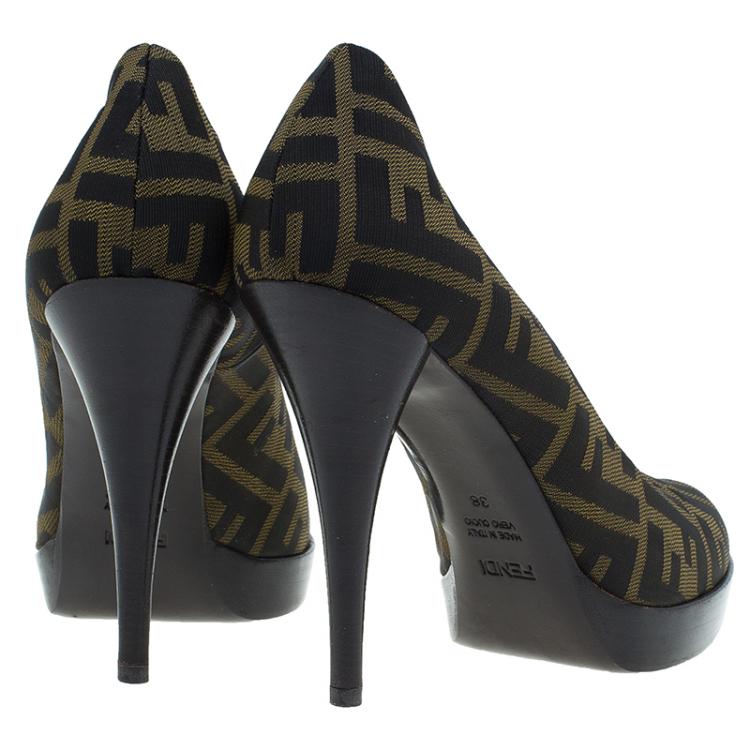 Pre Owned Fendi Brown Zucca Canvas Fendista Platform Pumps Size 38
