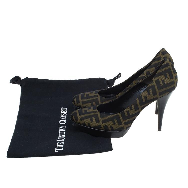 Pre Owned Fendi Brown Zucca Canvas Fendista Platform Pumps Size 38