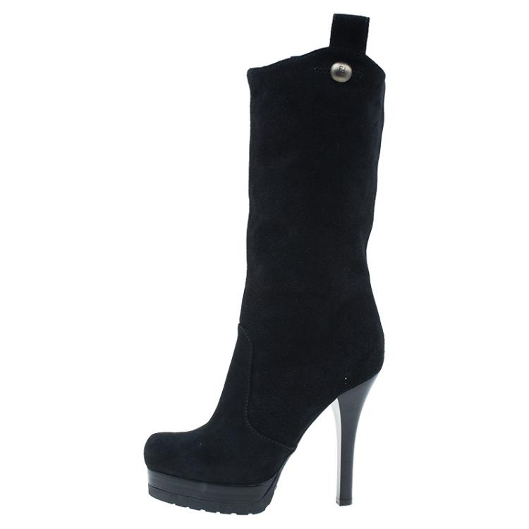 Pre Owned Fendi Black Suede Midcalf Boots Size 37.5