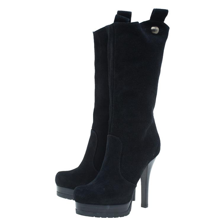 Pre Owned Fendi Black Suede Midcalf Boots Size 37.5