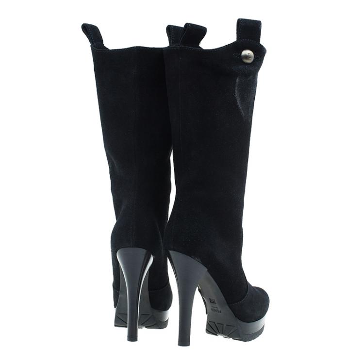 Pre Owned Fendi Black Suede Midcalf Boots Size 37.5