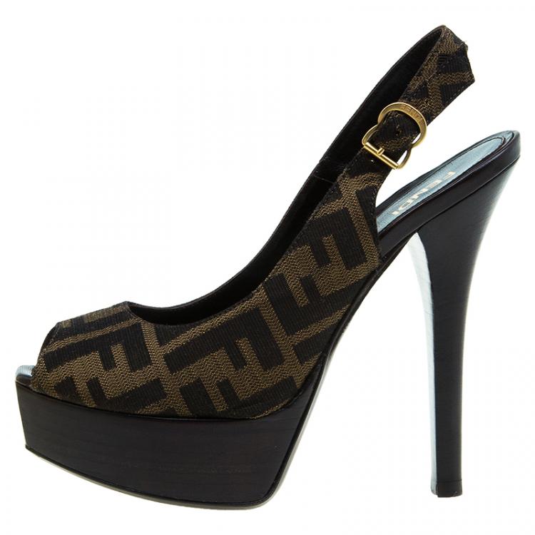 Pre Owned Fendi Tobacco Zucca Canvas Platform Slingback Sandals Size 36