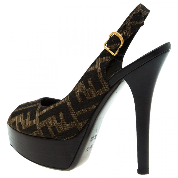 Pre Owned Fendi Tobacco Zucca Canvas Platform Slingback Sandals Size 36