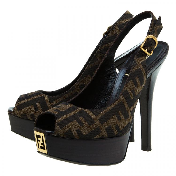 Pre Owned Fendi Tobacco Zucca Canvas Platform Slingback Sandals Size 36