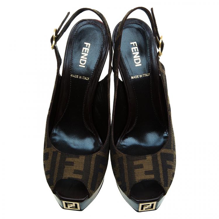 Pre Owned Fendi Tobacco Zucca Canvas Platform Slingback Sandals Size 36