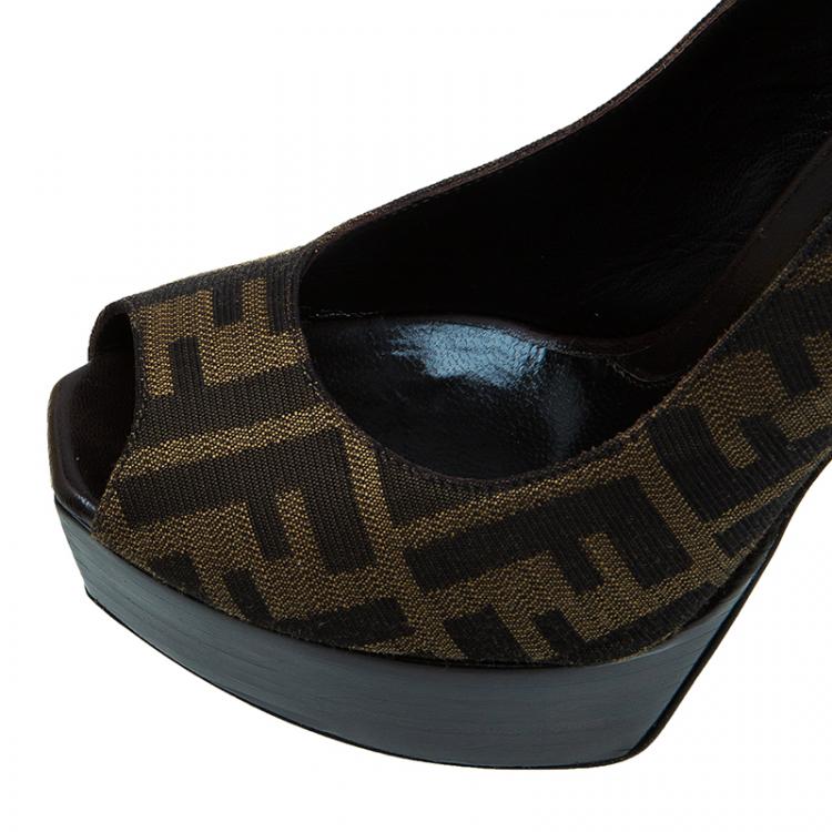 Pre Owned Fendi Tobacco Zucca Canvas Platform Slingback Sandals Size 36