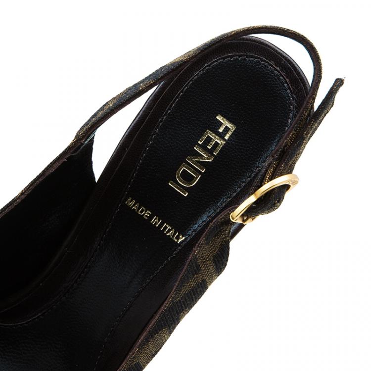 Pre Owned Fendi Tobacco Zucca Canvas Platform Slingback Sandals Size 36