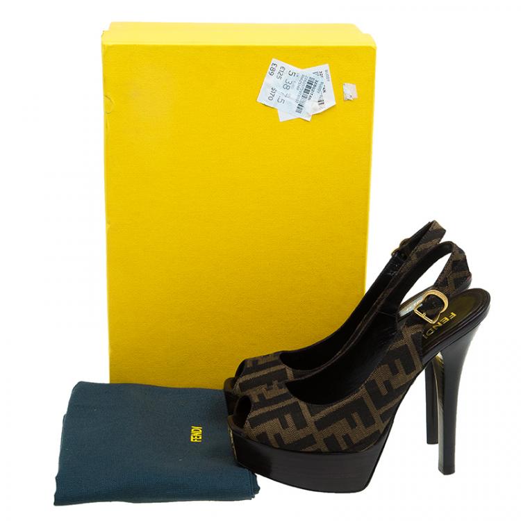 Pre Owned Fendi Tobacco Zucca Canvas Platform Slingback Sandals Size 36