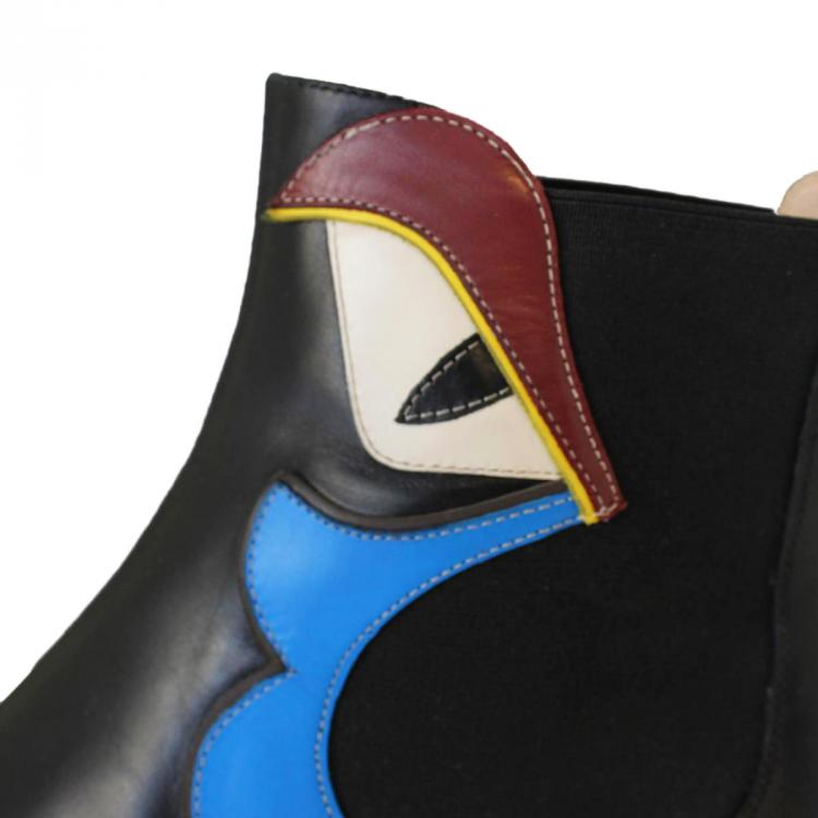 مملوكة مسبقًا Fendi Black Leather Buggie Appliquéd Chelsea Ankle Boots Size 38.5