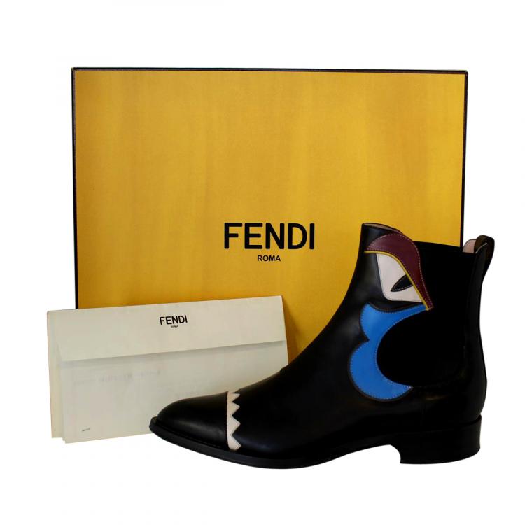مملوكة مسبقًا Fendi Black Leather Buggie Appliquéd Chelsea Ankle Boots Size 38.5