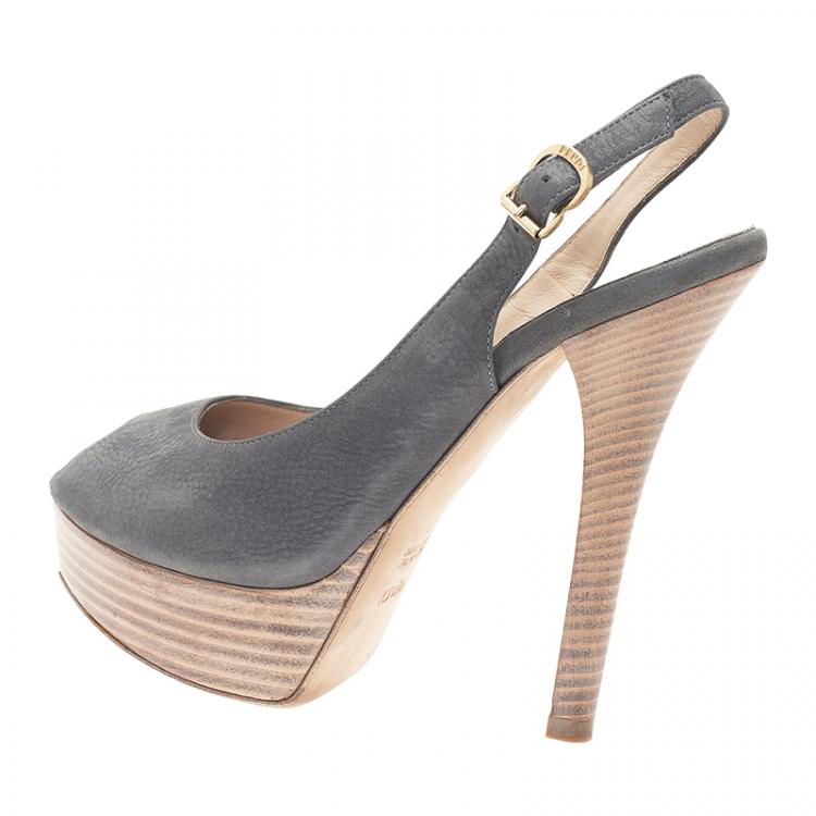 Pre Owned Fendi Metallic Grey Leather Peep Toe Platform Slingback Sandals Size 37