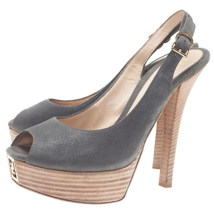Pre Owned Fendi Metallic Grey Leather Peep Toe Platform Slingback Sandals Size 37