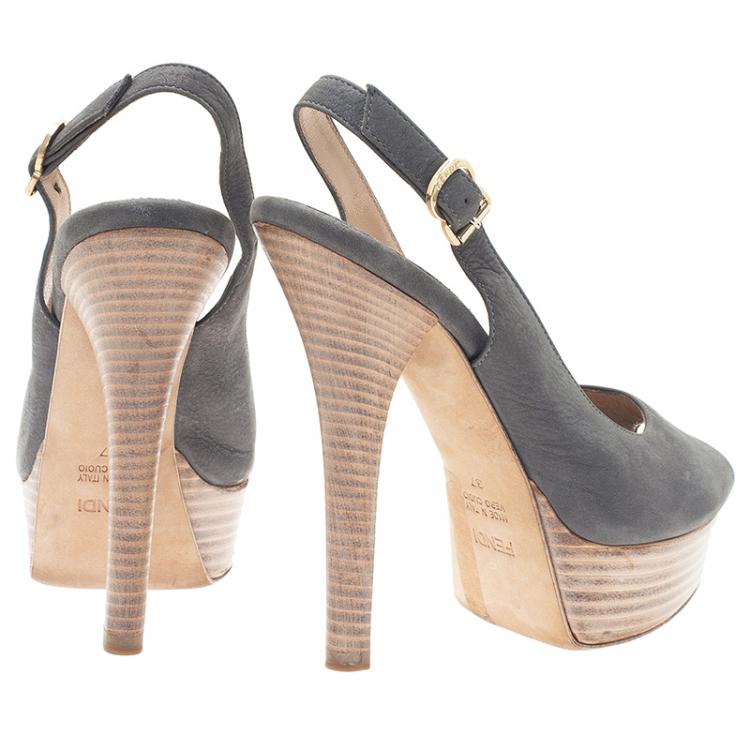 Pre Owned Fendi Metallic Grey Leather Peep Toe Platform Slingback Sandals Size 37