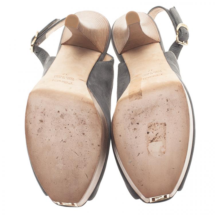Pre Owned Fendi Metallic Grey Leather Peep Toe Platform Slingback Sandals Size 37