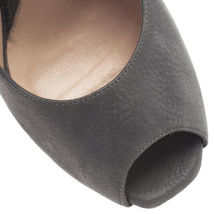 Pre Owned Fendi Metallic Grey Leather Peep Toe Platform Slingback Sandals Size 37