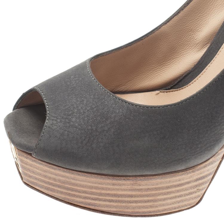 Pre Owned Fendi Metallic Grey Leather Peep Toe Platform Slingback Sandals Size 37