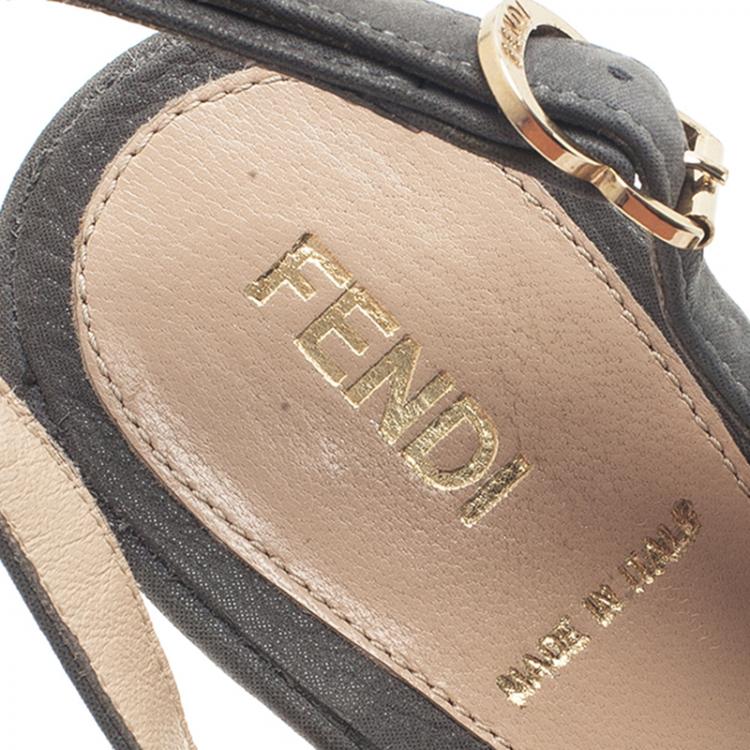 Pre Owned Fendi Metallic Grey Leather Peep Toe Platform Slingback Sandals Size 37