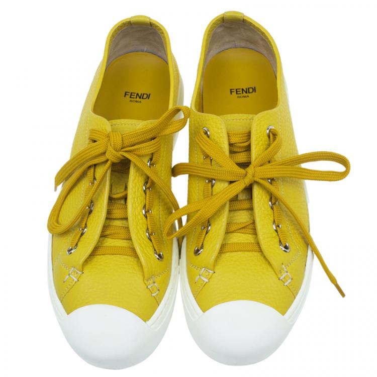 Pre Owned Fendi Yellow Leather Lace Up Sneakers Size 38