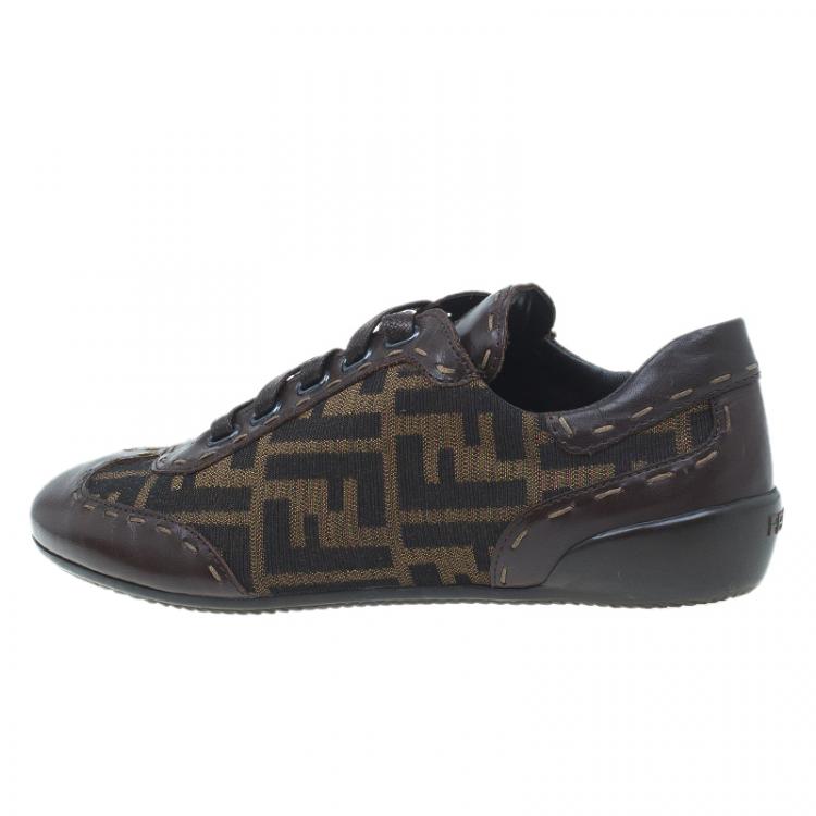 Pre Owned Fendi Tobacco Zucca Canvas and Leather Sneakers Size 36