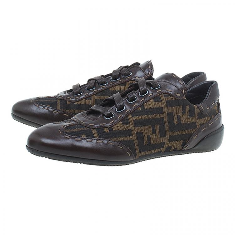 Pre Owned Fendi Tobacco Zucca Canvas and Leather Sneakers Size 36