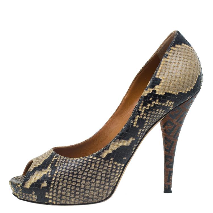 Pre Owned Fendi Brown Python Peep Toe Platform Pumps Size 39