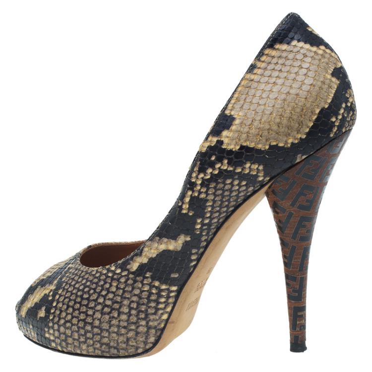 Pre Owned Fendi Brown Python Peep Toe Platform Pumps Size 39