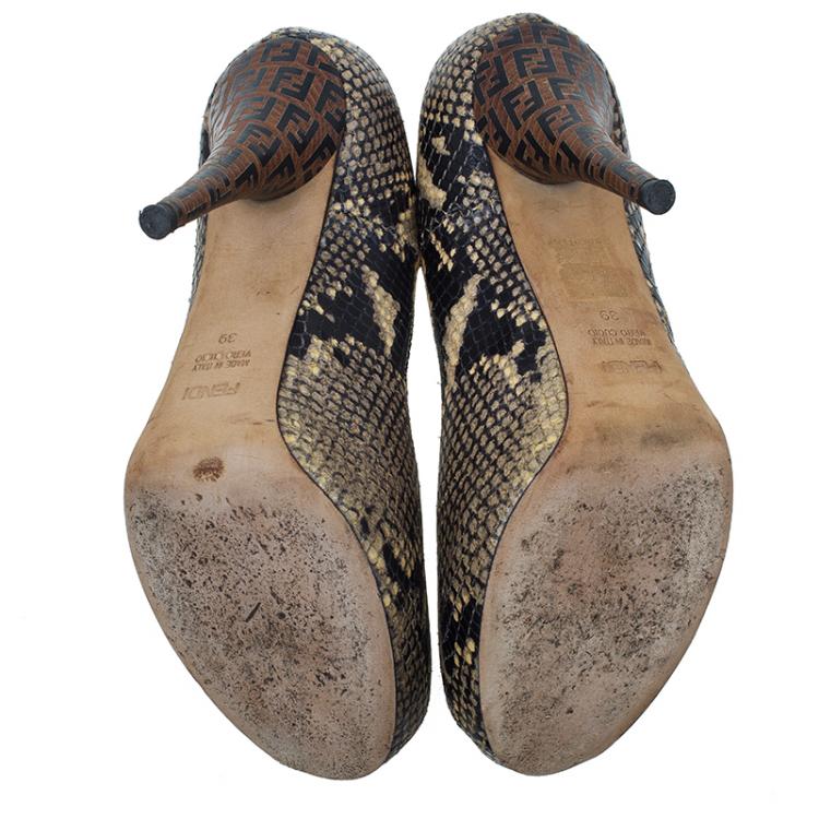 Pre Owned Fendi Brown Python Peep Toe Platform Pumps Size 39